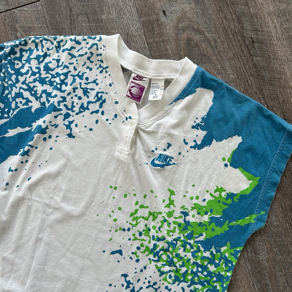 Vintage Nike Challenge Court Splatter Paint Snap V-Neck Tee Womens M 90s Agassi